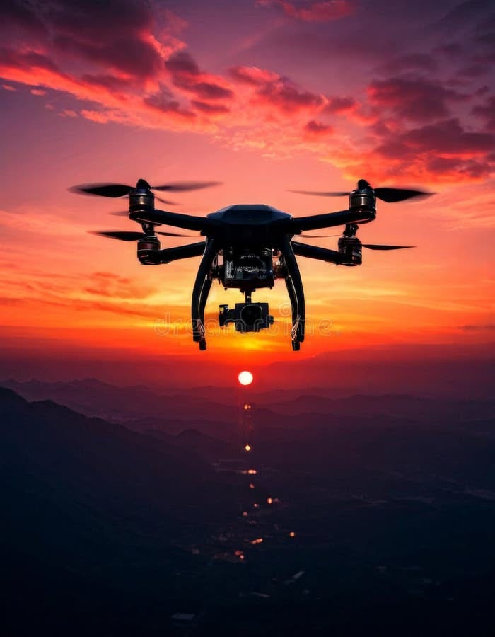 Pinterest Silhouette of a drone flying against a vivid sunset sky stock images